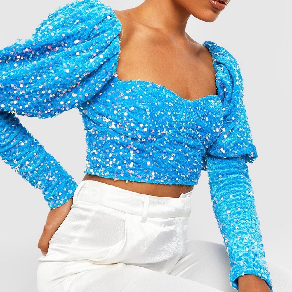 Boohoo Blue Sequin Puff Sleeve Top